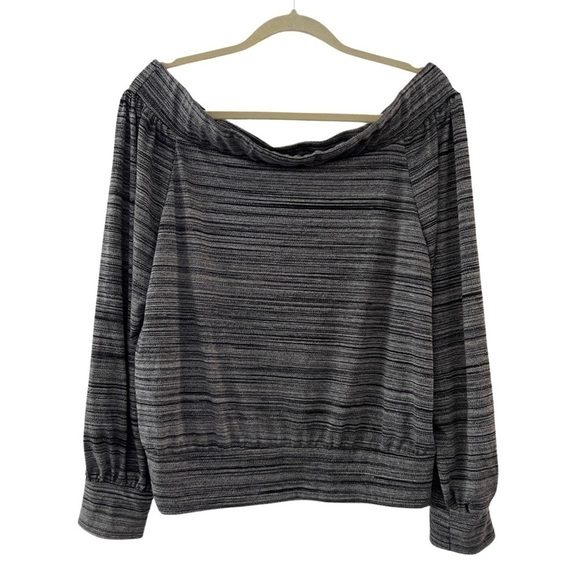 ACTING PRO • Striped Grey & Black Off The Shoulder Top Blouse - Picture 2 of 7
